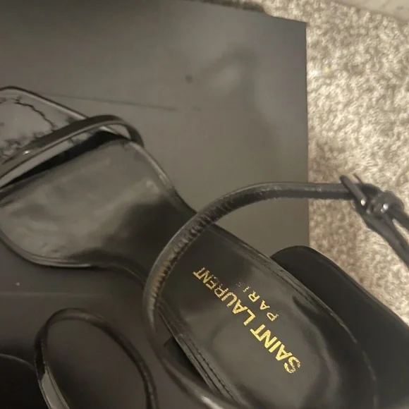 YVES SAINT LAURENT BLACK OPYUM 110 HEEL ANKLE STRAP IN PATENT LEATHER